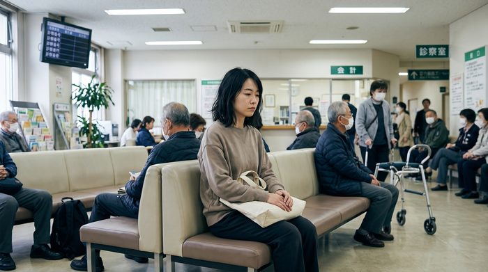 女性が病院の待合室の椅子に座っている