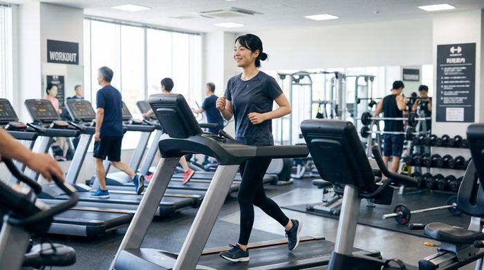 女性がスポーツジムでトレーニングをしている