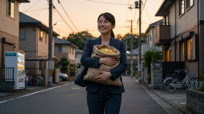 砂金の入った袋を抱えて歩く女性