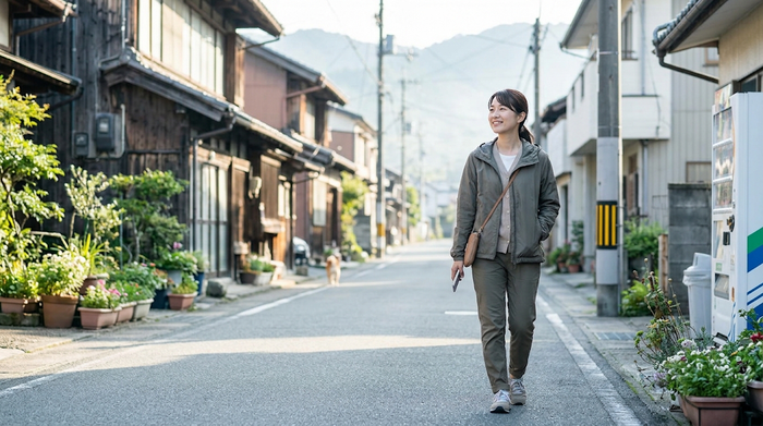 早朝に散歩して喜んでいる女性