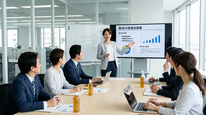 職場の会議でプレゼンをしている女性