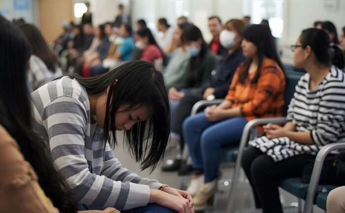 精神科クリニックの待合室で待つ女性