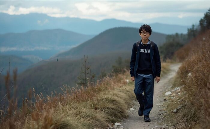 山道を歩く小学生
