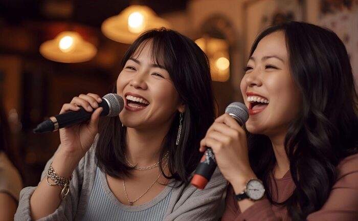 友達とカラオケをする女性