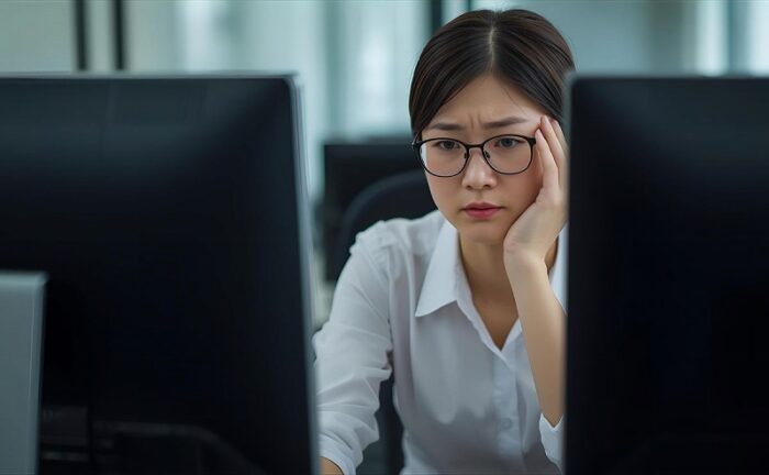 pcで仕事をしながら悩んでいる女性