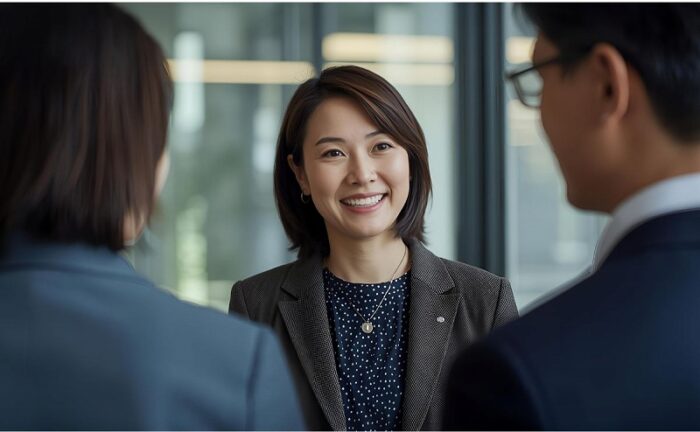 同僚と会話する女性