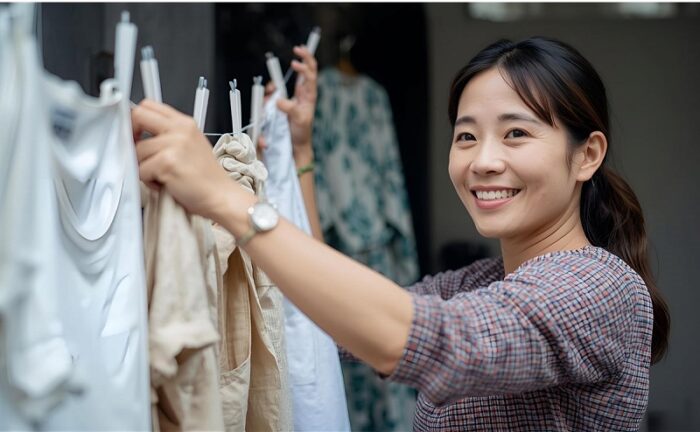 洗濯物を干す女性