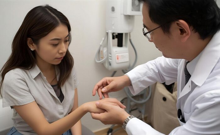 手の検査を受ける女性