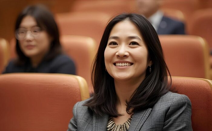 講座で講義を受けている女性