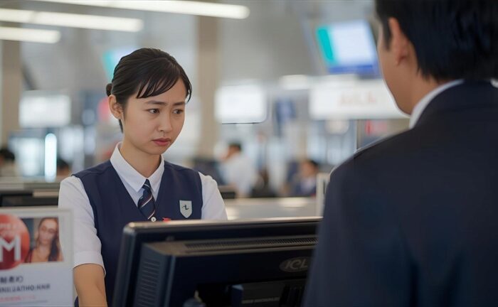 緊張している航空会社や社員の女性