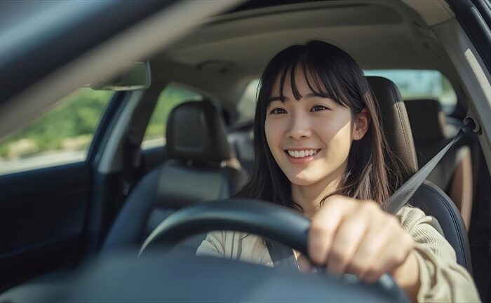 笑顔で車の運転をする女性