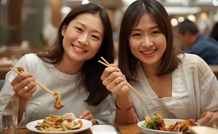 笑顔で食事をする女性