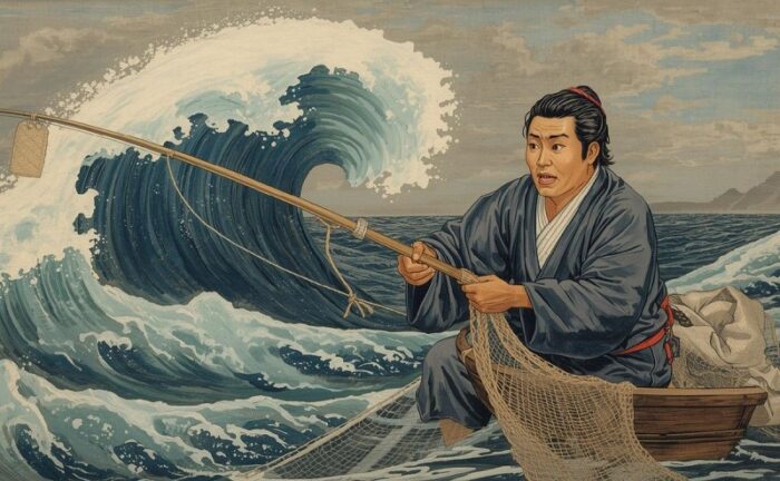 漁師が漁をしていると大波が近づいてきた。