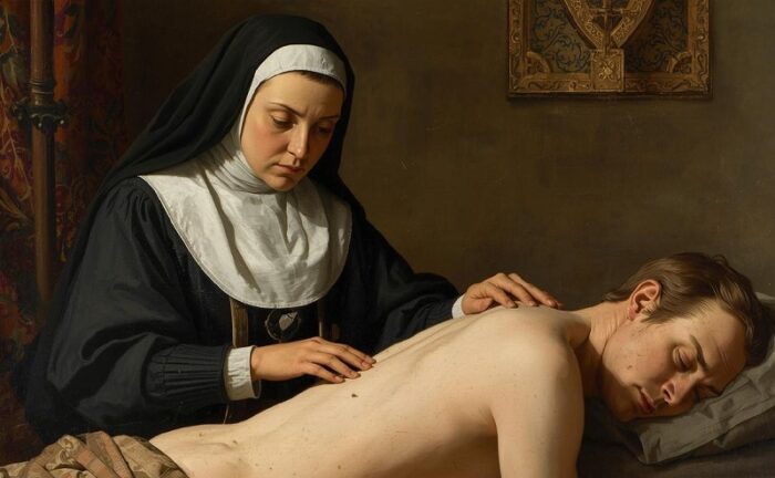 患者にヒーリングする修道女