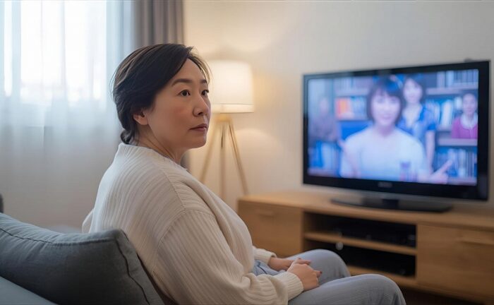 リビングでテレビを観ている女性
