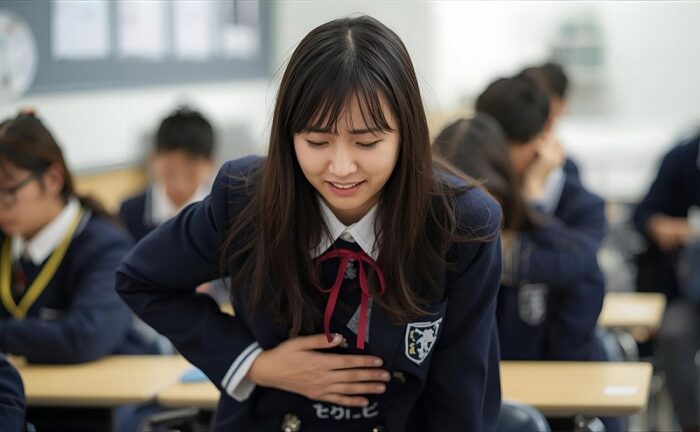 腹鳴を気にする女子高校生