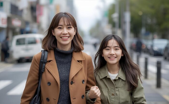 街を歩く母親と娘