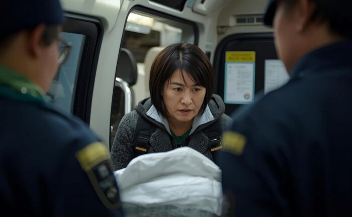 救急車で搬送される女性