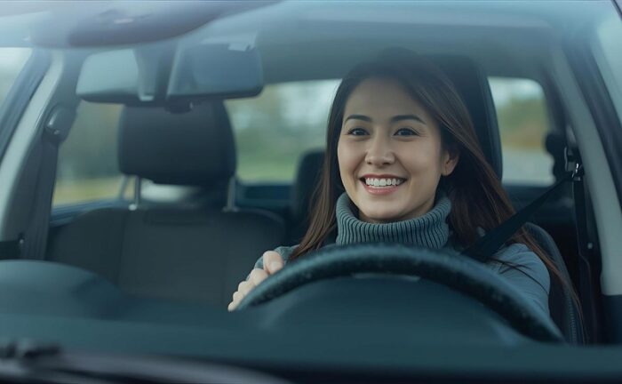 笑顔で車の運転をしている女性