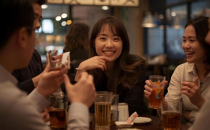 飲み会で笑顔で会話をする女性
