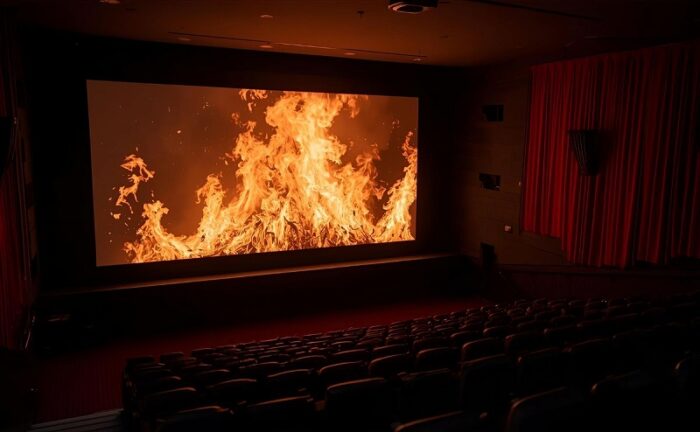 映画のスクリーンが燃えている
