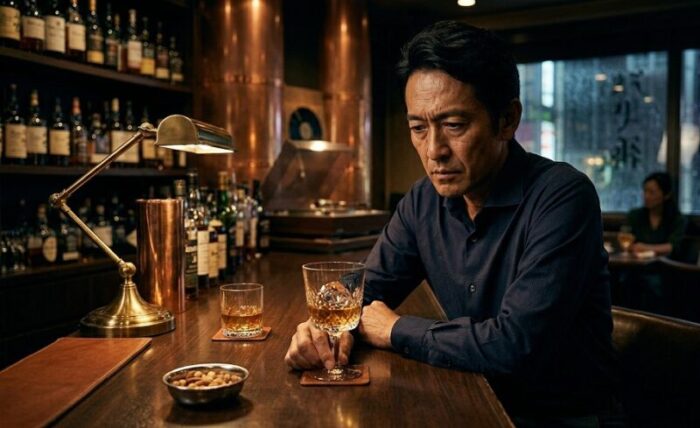 バーのカウンターで酒を飲む男性