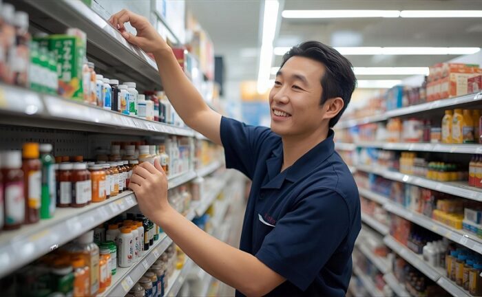 ドラッグストアで働く男性