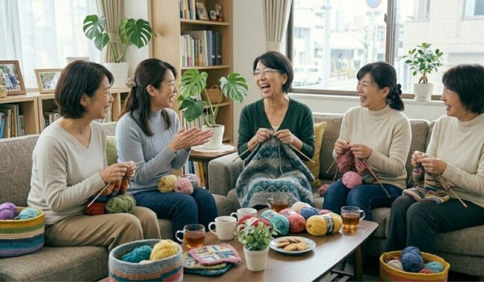 サークルの仲間と楽しく会話している女性