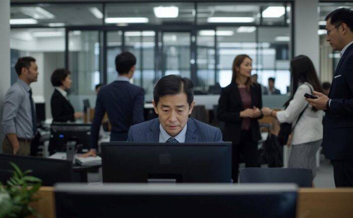 職場で聞き耳を立てる男性