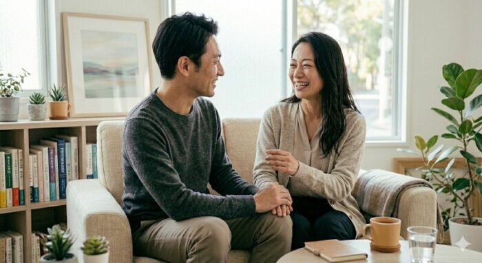 夫と仲良く話をしている女性