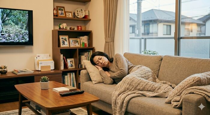 ソファで横になって寝ている女性